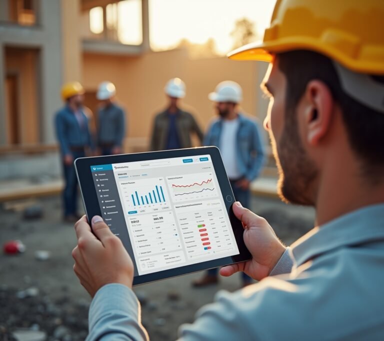Contractor checking a job list on a tablet at a construction site
