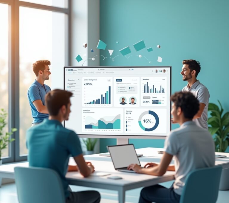 Small business owner working at a counter with a laptop open to a CRM tool