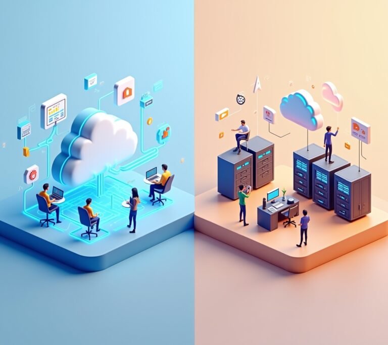 Split illustration of a cloud server on one side and a physical server room on the other