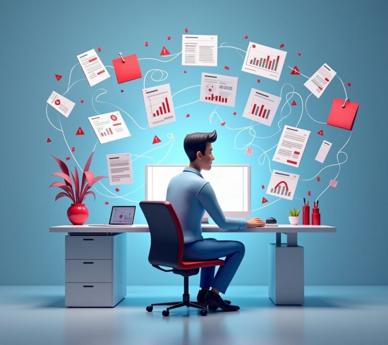 Frustrated person looking at a cluttered, disorganized CRM dashboard