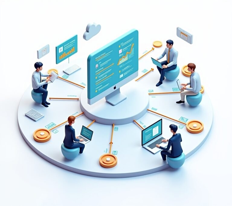 Flowchart illustration showing customer data moving through a CRM system
