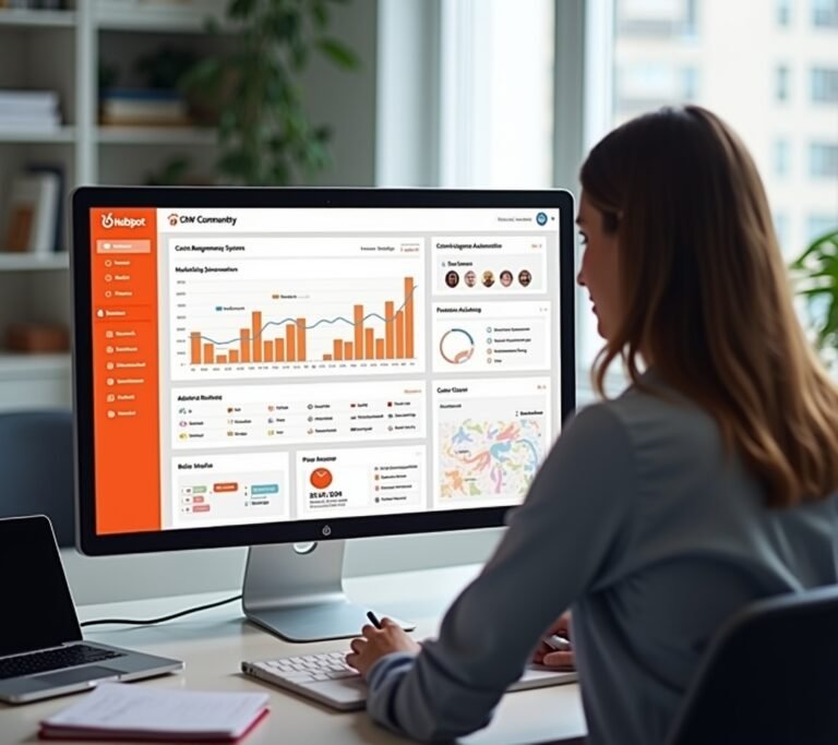 Close-up of laptop screen showing HubSpot CRM contact dashboard interface