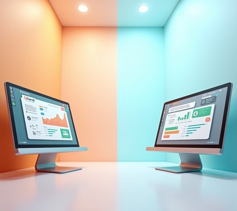 Two monitors side by side showing different CRM pipeline layouts