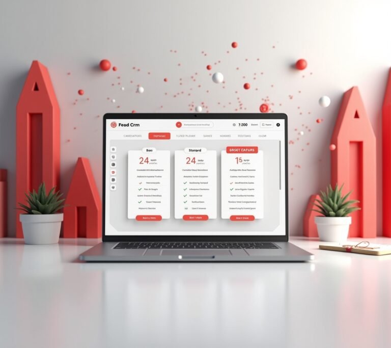 Pricing table shown on a laptop in a bright, colorful office