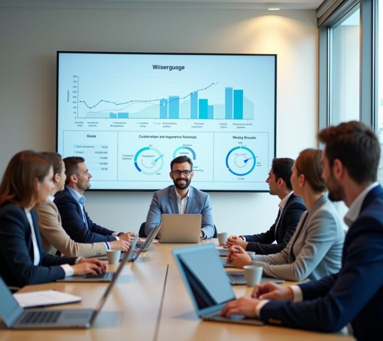 Laptop showing Monday CRM's colorful board-style interface