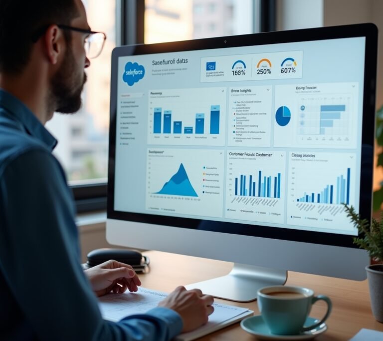 Laptop screen showing Salesforce cloud dashboard with sales metrics