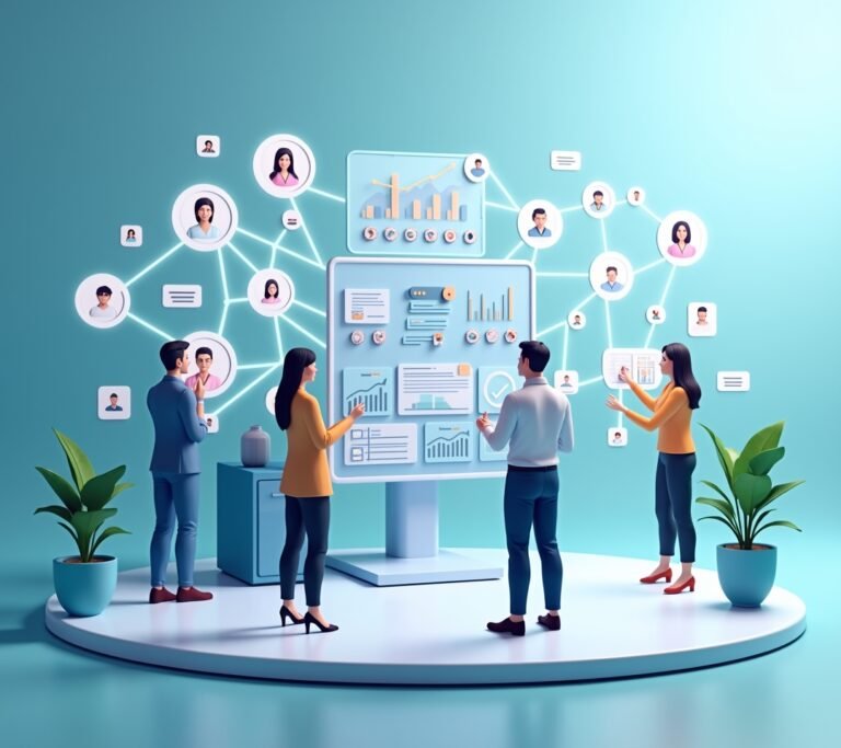 Illustration of connected customer profile icons around a central hub