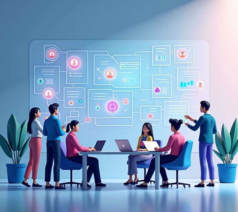 Marketing team collaborating around a laptop showing client campaigns