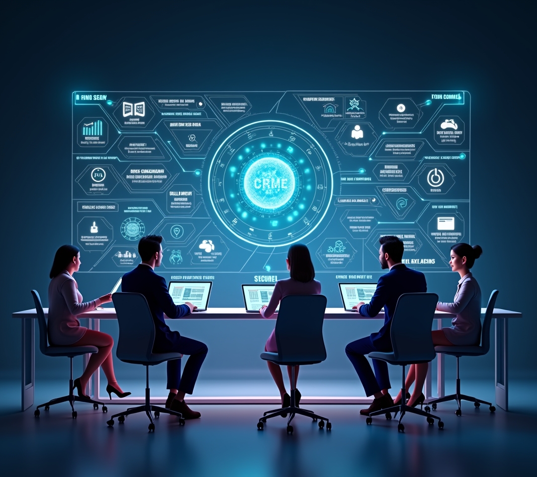 Futuristic graphic of a CRM dashboard with AI and automation icons