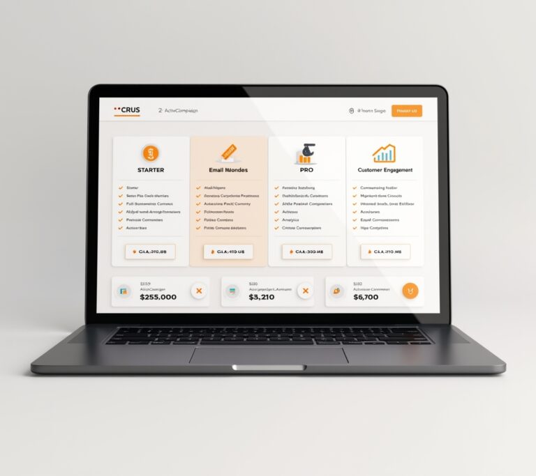 Pricing tiers shown on a laptop with a marketing automation icon overlay