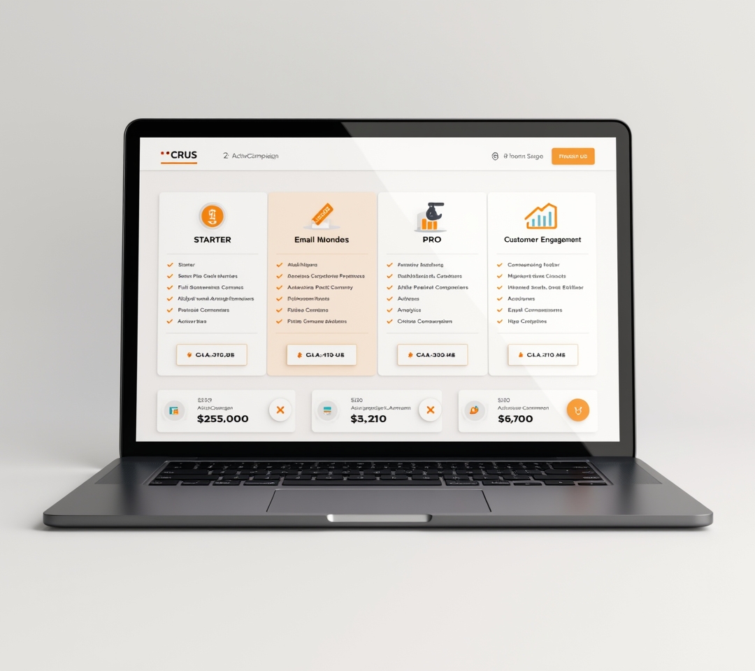Pricing tiers shown on a laptop with a marketing automation icon overlay