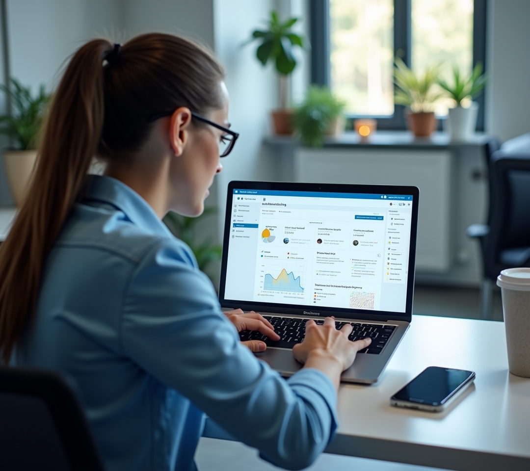 Laptop showing Bitrix24's combined CRM and task management dashboard