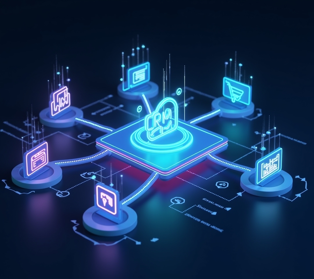 Illustration of a central CRM icon connected to multiple app icons by lines